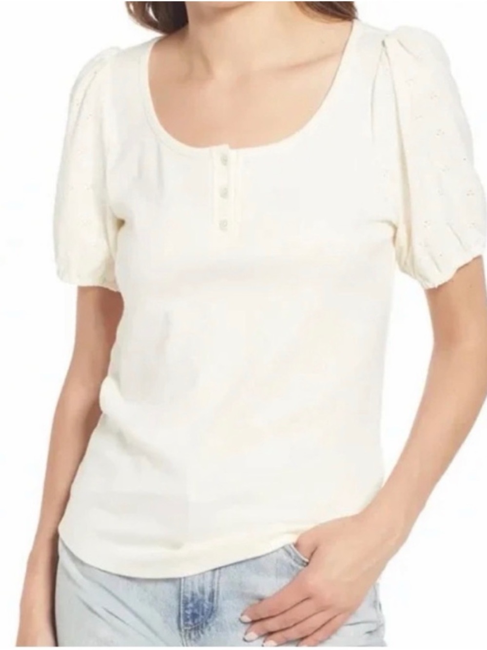 Madewell-Eyelet Sleeve-Top-Shirt-Henley-Cottage-Puff Sleeve-S